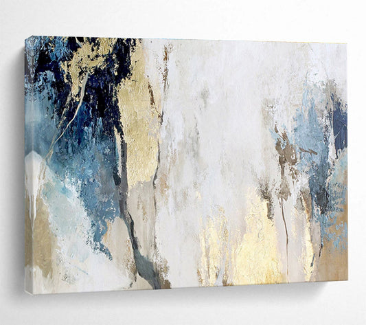 Blue, Gray, and Gold Abstract “Elegant Neutral Fusion” Painting On Canvas DKH128