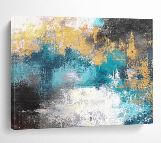 “Teal and Gold Abstract - Textured Blue - Greens and Shimmering Golds” Painting On Canvas DKH004