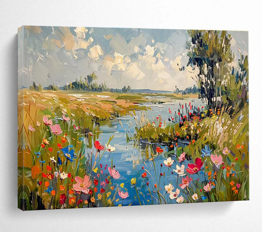 “Riverside Wildflower Meadow” - Impasto Scenery Painting On Canvas DKH833