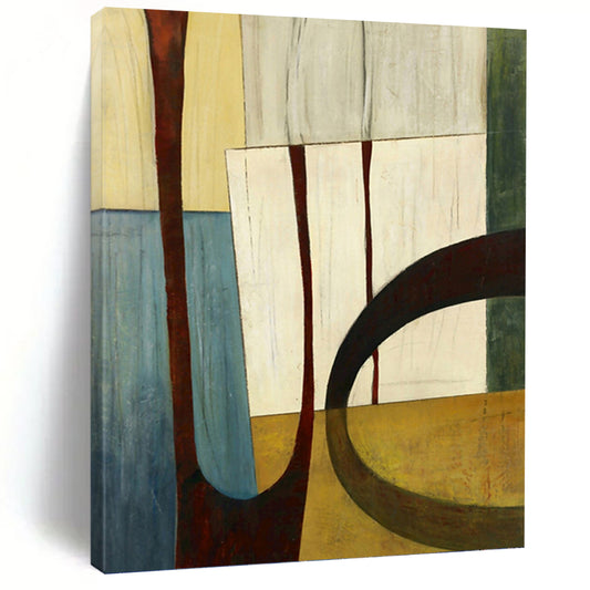“Geometric Shapes in Earth Tones” - Brown, Beige & Blue Cubist - Inspired Painting On Canvas DKH0949