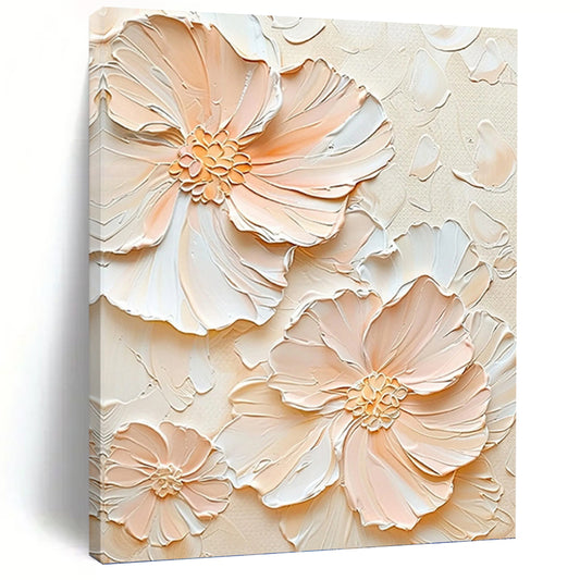Peach - Colored Floral Relief - Impasto Flower Painting On Canvas DKH1389