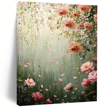 “Blush Blossoms” - Green, Pink & White Floral Waterfall Painting On Canvas DKH1553