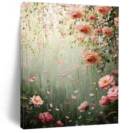 “Blush Blossoms” - Green, Pink & White Floral Waterfall Painting On Canvas DKH1553