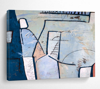 “Blue - Pink Geometric Layers” Abstract Mixed - Media Painting On Canvas DKH547