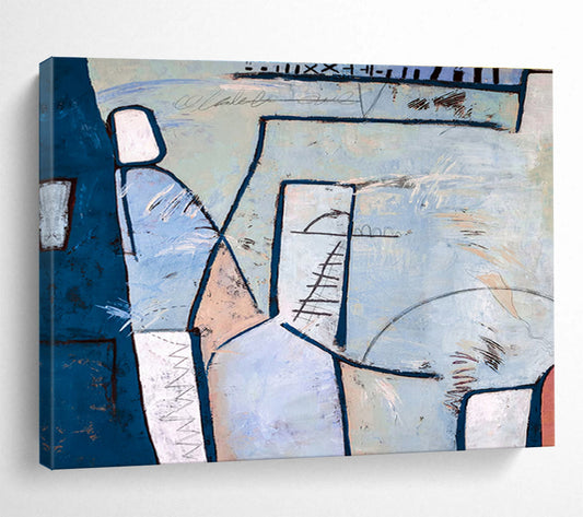 “Blue - Pink Geometric Layers” Abstract Mixed - Media Painting On Canvas DKH547
