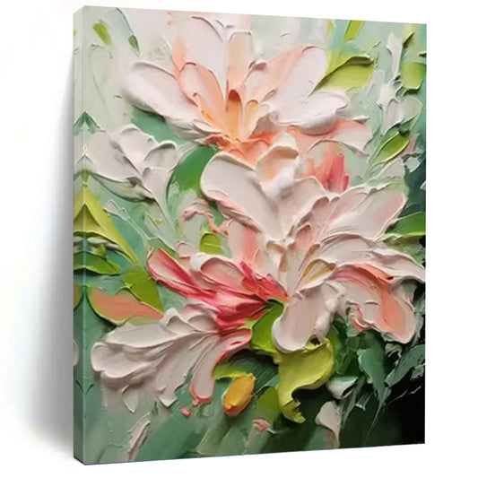 Pink and Green Floral Impasto - Textured Flower Painting On Canvas DKH1396