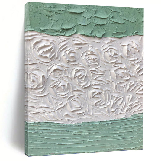 Textured White Roses on Green - Impasto Floral Painting On Canvas DKH1269