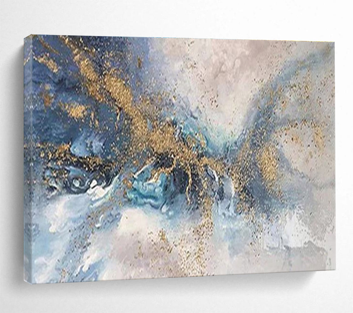 Blue & Gold Abstract Flow - Gray, Blue & Gold Fluid Art Painting On Canvas DKH893