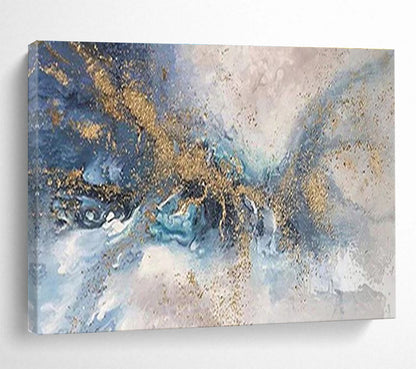 Blue & Gold Abstract Flow - Gray, Blue & Gold Fluid Art Painting On Canvas DKH893