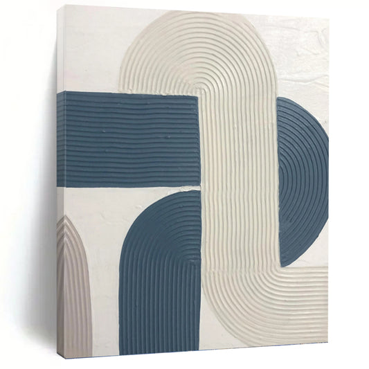 “Curved Harmony” - White & Blue Ribbon - like Shapes Painting On Canvas DKH1163