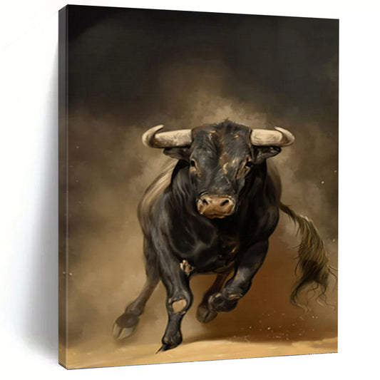 Charging Black Bull in Earthy Tones - Wildlife Painting On Canvas DKH1409