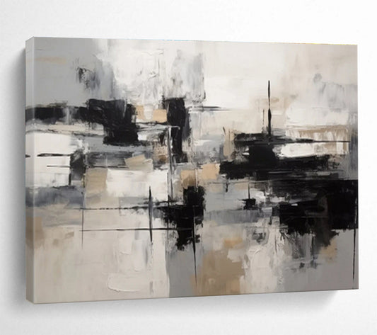 “Black, White & Beige Geometric Abstraction” Geometric Abstract Painting On Canvas DKH335