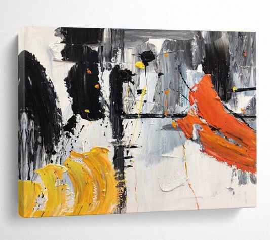 Abstract Black, White, and Orange Strokes Painting On Canvas DKH187