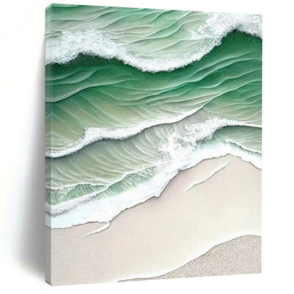 “Green - White Wave Aerial” - Green, White, Beige Coastal Aerial Painting On Canvas DTP290