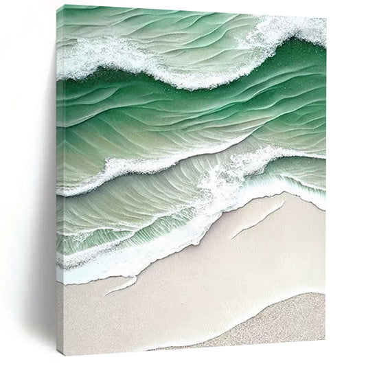 “Green - White Wave Aerial” - Green, White, Beige Coastal Aerial Painting On Canvas DTP290