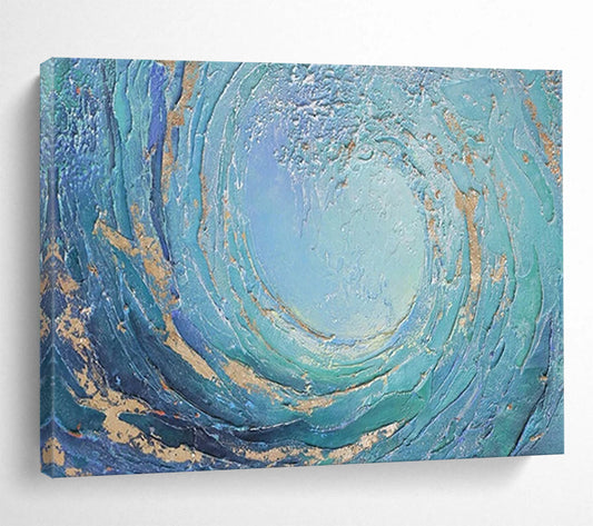 “Swirling Ocean Gold” - Blue, Teal & Gold Textured Wave Painting On Canvas DLZ254