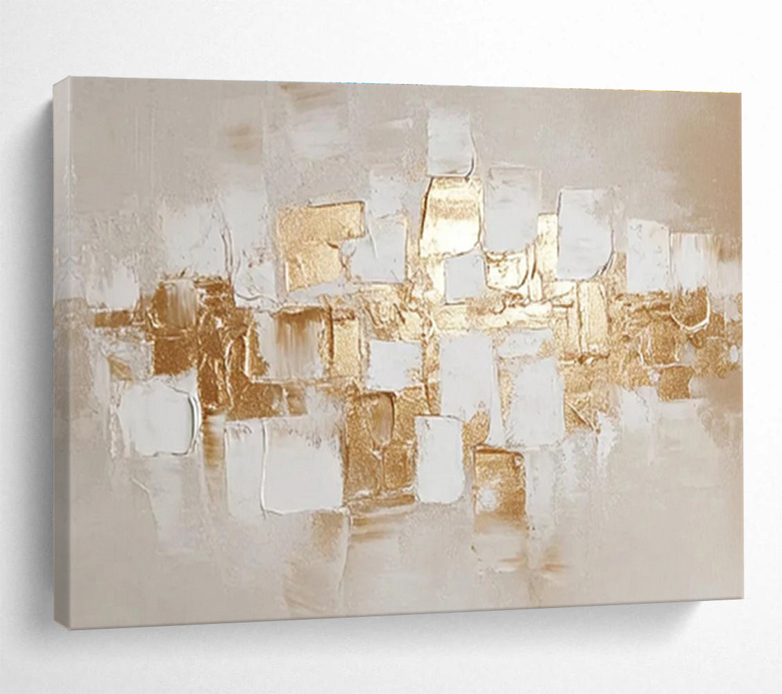 “Gold - White Cubic Textures” Abstract Impasto Painting On Canvas DKH524
