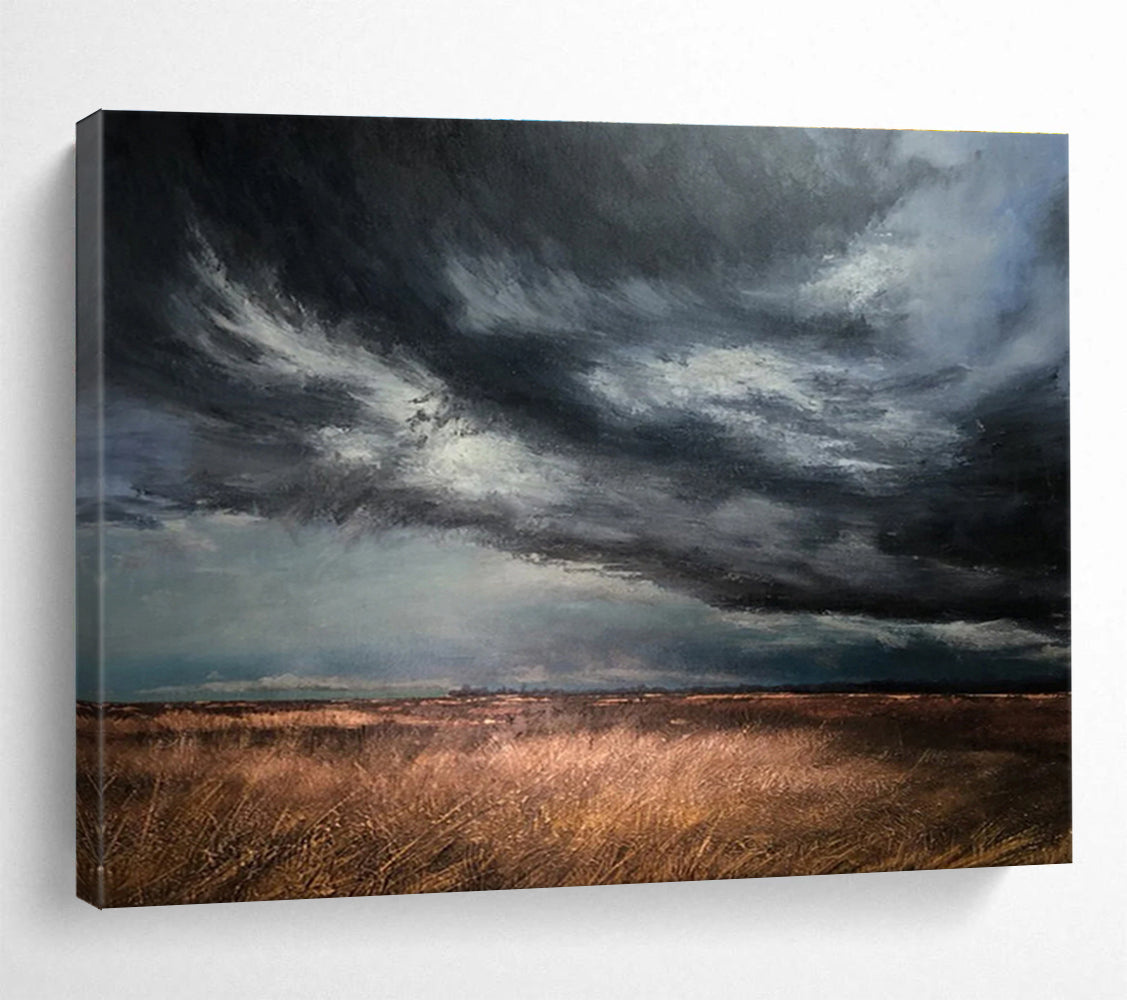 “Stormy Gray Sky Over Golden Fields” - Dramatic Landscape Painting On Canvas DKH772