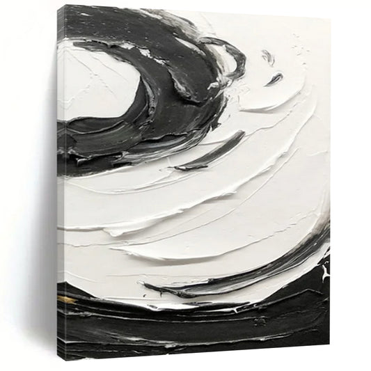 “Black, White Textured Swirls ‘Bold Rhythm’” - Impasto Abstract Painting On Canvas DTP380