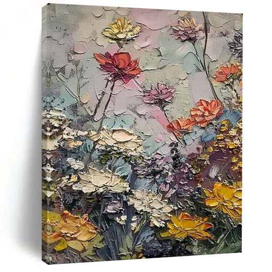 “Textured Colorful Flower Garden” – Impasto Floral Oil Painting On Canvas CT2142