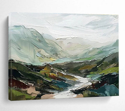 “Textured Mountain Vista” - Green, Blue, Gray Landscape Oil Painting On Canvas DKH725