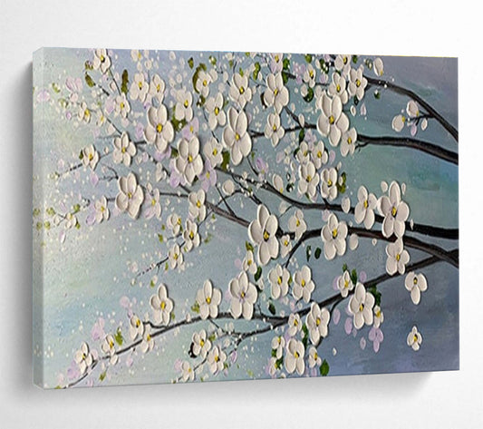 White Blossom Tree - White, Pink & Blue Floral Painting On Canvas DKH887