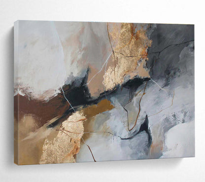 “Gray - Gold Abstract Cracks” Abstract Acrylic Painting On Canvas DKH518