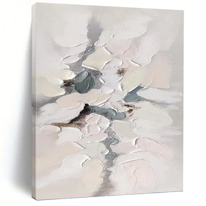 “Soft Impasto Blooms” - White, Gray & Blue Textured Abstract Painting On Canvas DKH1174