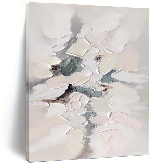 “Soft Impasto Blooms” - White, Gray & Blue Textured Abstract Painting On Canvas DKH1174