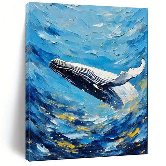 “Whale’s Leap: Textured Ocean in Blue & Gold” - Impasto Marine Oil on Canvas CT1881