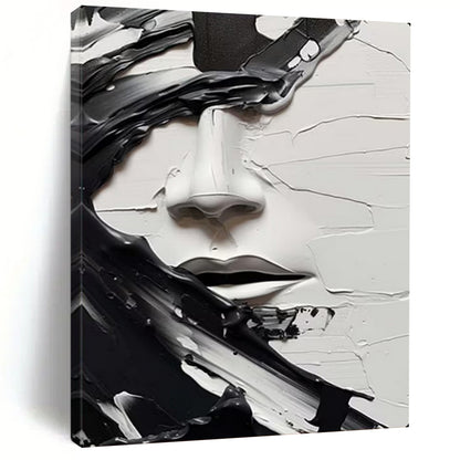 “Textured Black - and - White Face” – Abstract Impasto Portrait Painting On Canvas CT2134