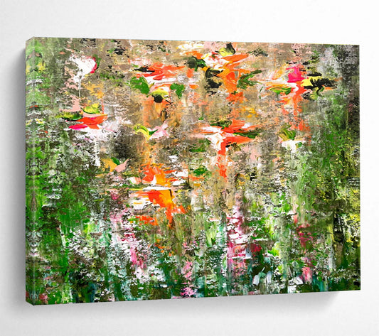 “Blossom Burst in Earthy Hues” - Green, Orange & Pink Floral Abstract Painting On Canvas DKH922