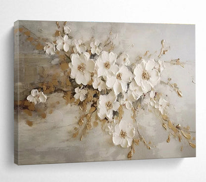 White Flowers with Gold Accents Textured Painting On Canvas DKH250