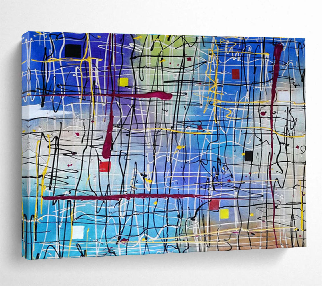 “Colorful Line Grid Abstract” - Vibrant Abstract Painting On Canvas DKH849