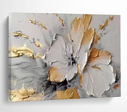 Gold - Accented White Flower in Relief Painting On Canvas DKH677