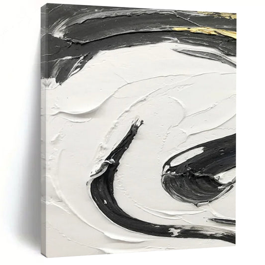 “Black, White, Gold Textured Swirls ‘Opulent Energy’” - Impasto Abstract Painting On Canvas DTP378