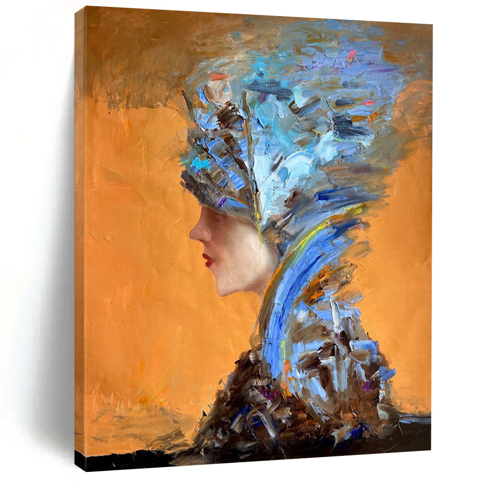 “Orange, Blue, Brown Textured Portrait ‘Eccentric Elegance’” - Impasto Figurative Painting On Canvas DTP348