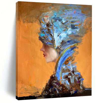 “Orange, Blue, Brown Textured Portrait ‘Eccentric Elegance’” - Impasto Figurative Painting On Canvas DTP348
