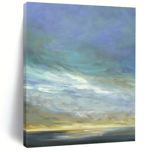 “Sky & Sea in Lighter Hues” - Blue, Beige & White Impressionistic Painting On Canvas DKH0954