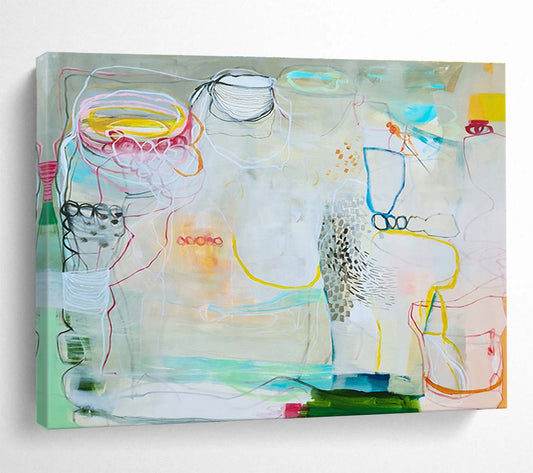 Mixed - Color Abstract with Linear Elements “Whimsical Line Play” Painting On Canvas DKH071
