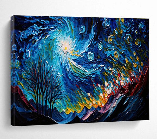 Swirling Starry Night - Blue, Yellow & White Abstract Sky Painting On Canvas DKH885