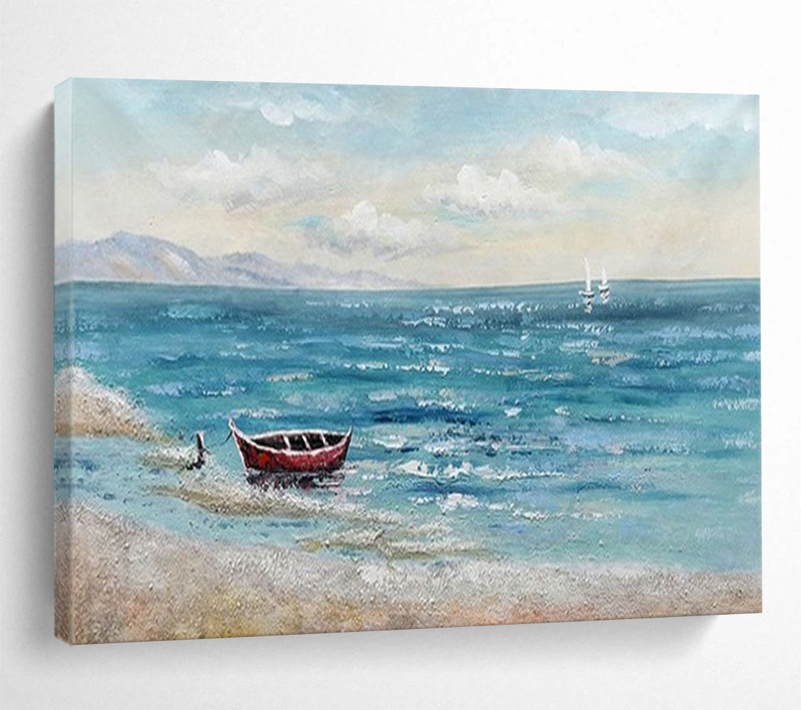 Blue Sea and Red Boat - Impressionist Seascape Painting On Canvas DLZ224