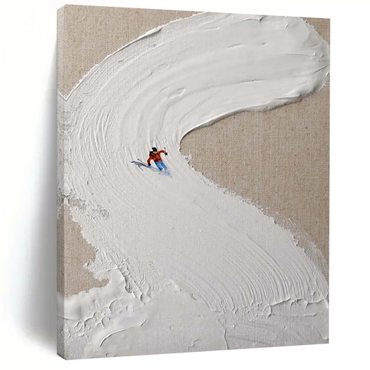 “White, Red, Blue Skiing Scene ‘Snowy Trail’” - Impasto Ski Landscape Painting On Canvas DTP311