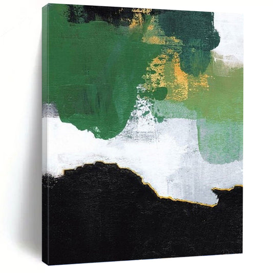 “Green, Gold & Black Abstract Layers” - Green, Gold, Black & White Abstract Painting On Canvas DKH1222