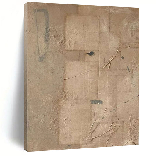 “Beige, Gray Textured Collage ‘Earthly Layers’” - Mixed - Media Abstract Painting On Canvas DTP336