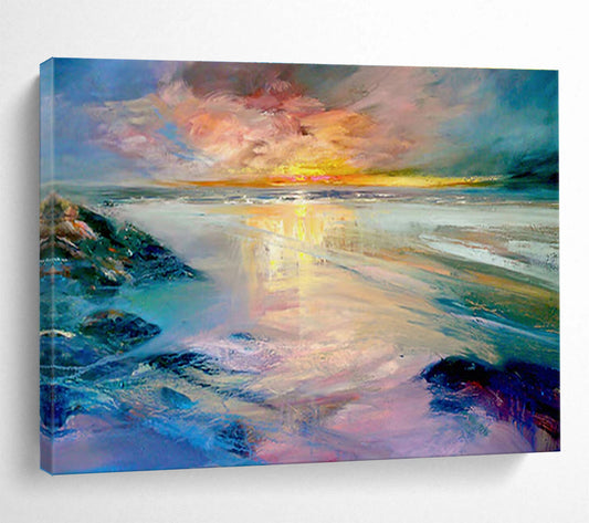 Colorful Sunset Beach Scene Impressionistic Painting On Canvas DKH213