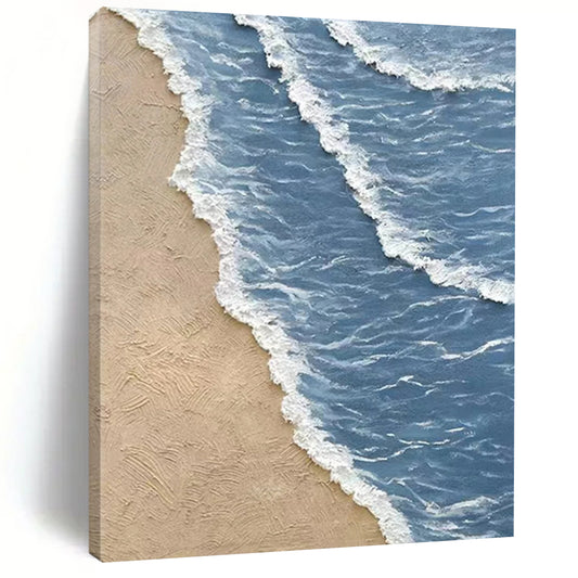 “Blue, White, Beige Textured Shore ‘Serene Coastline’” - Impasto Beach Painting On Canvas DTP333