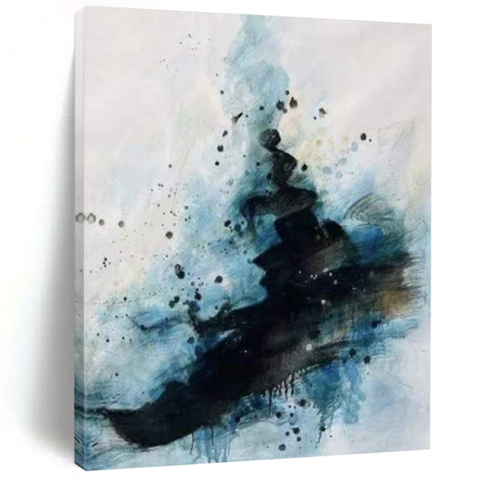 Black, Blue & White Splattered Ink Vibe - Abstract Painting On Canvas CT2306