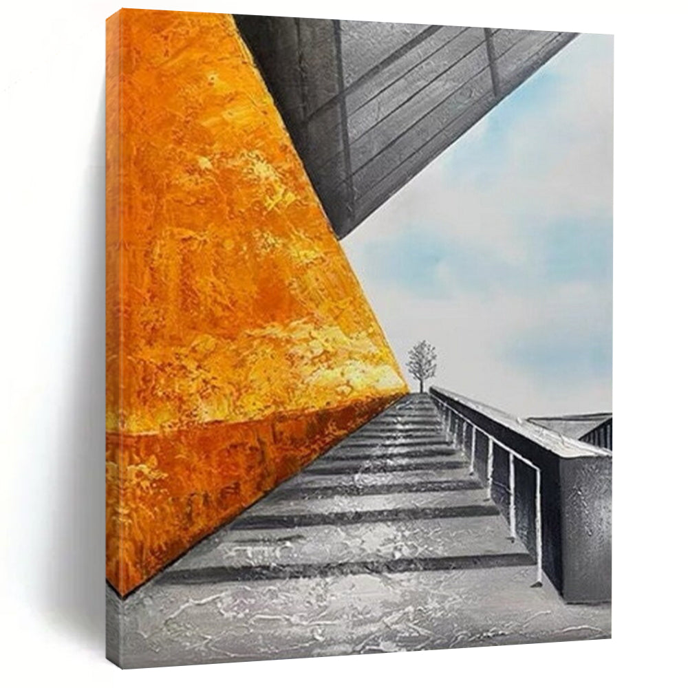 “Golden - Gray Architectural Path” - Orange, Gray, Blue Architectural Scene Painting On Canvas DTP281