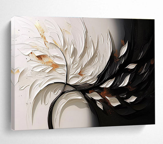 “3D White & Black Floral Burst” - White, Black, Gold Textured Floral Painting On Canvas DKH746